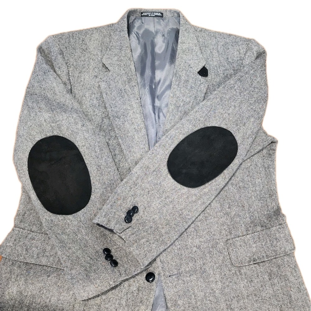 Barrington Tweed Blazer Sport Coat‎ Mens 46R Gray Wool Elbow Patch Academia VTG